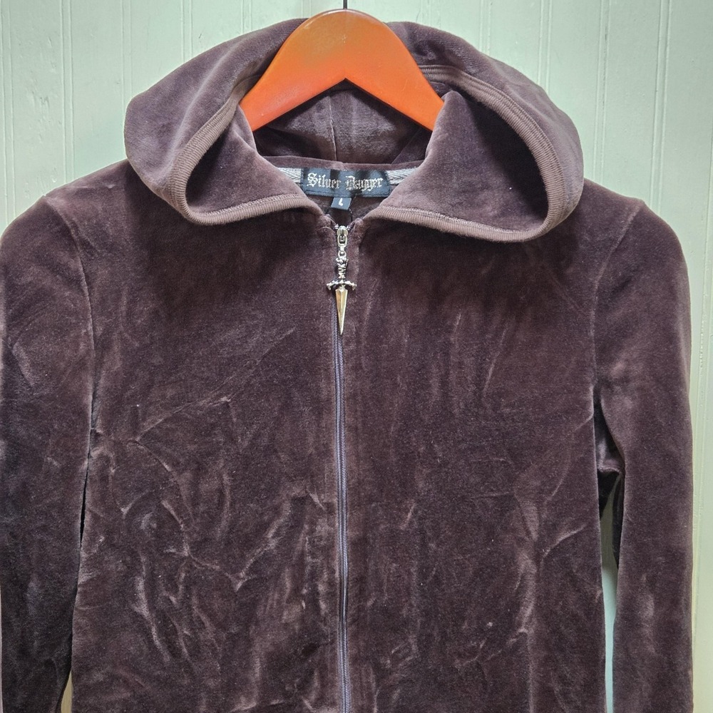 Silver Dagger Hoodie Womens Large Brown Velour Full Zip Dagger Pull‎ Pockets